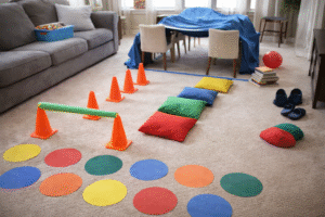 A homemade indoor obstacle course.