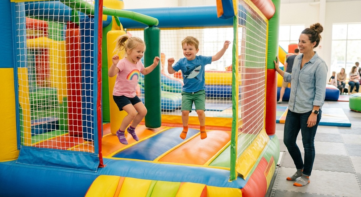 Two young children in grip socks jumping in a netted indoor bounce house while a parent watches, showing how supervision keeps bounce houses safe.