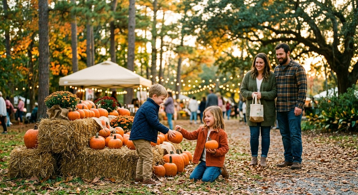 Kids picking pumpkins from hay bales at an autumn festival, one of the free and cheap things to do in Shreveport this fall.