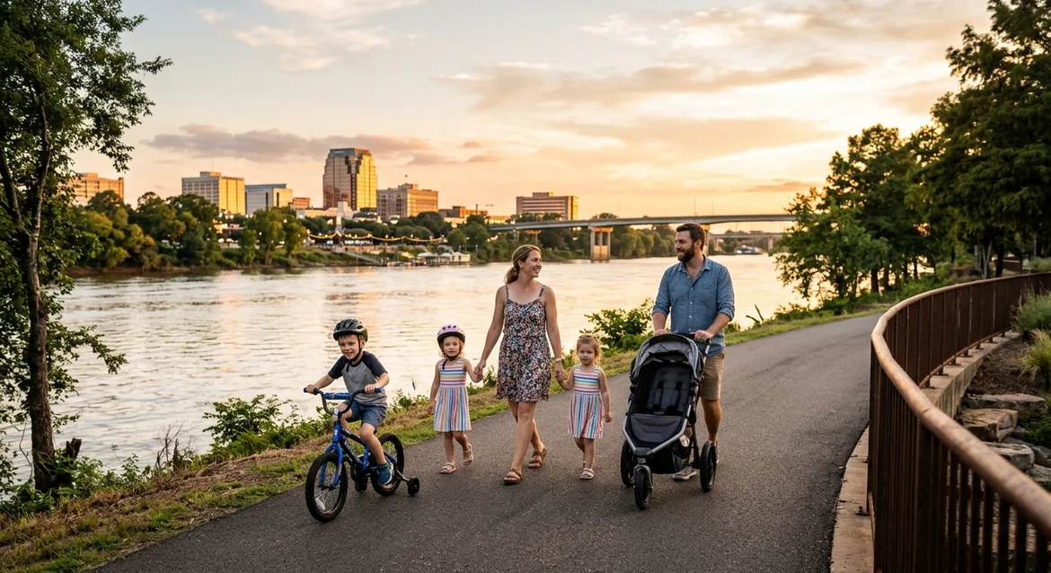 Family walking along the Red River trail in Bossier City at sunset